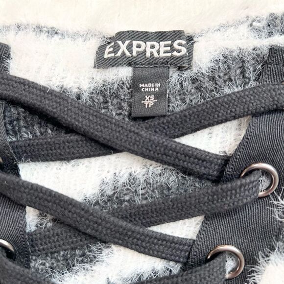 Y2K Express Fuzzy Zebra Animal Print Lace Up Sweater XS - Picture 5 of 11